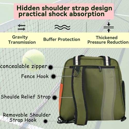 Pickleball Bag for Women Men Large Tennis Backpack for Pickleball, Tennis, Racketball, and Travel Sling Bag with Shoe Compartment and Fence Hook External Ball B-ag and Adjustable Shoulder Strap - color: Army green