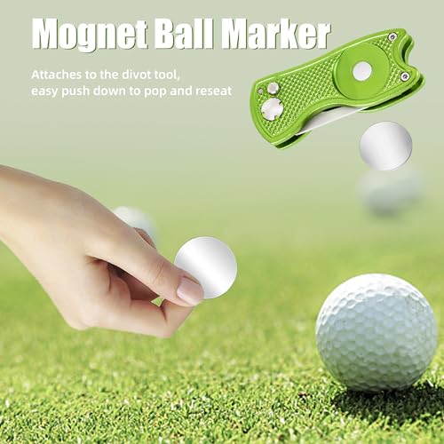 Mile High Life Golf Divot Repair Tool, All Metal Foldable Divot Tool with Pop-up Button & Magnetic Ball Marker, 2-6 Pack - color: Lime Green Fish
