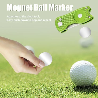 Mile High Life Golf Divot Repair Tool, All Metal Foldable Divot Tool with Pop-up Button & Magnetic Ball Marker, 2-6 Pack - color: Lime Green Fish