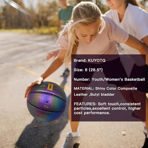 KUYOTQ Youth Women Basketball - Shiny Purple Leather, Size 6 (28.5"), Bright Color Dazzle Textured Basketball for Youth & Women, Deflated