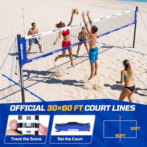 Haokelball Outdoor Portable Heavy Duty Volleyball Net Set for Backyard with Adjustable Height Poles, Anti-Sag System, Volleyball, Pump, Boundary Line, Carry Bag & Gift Box