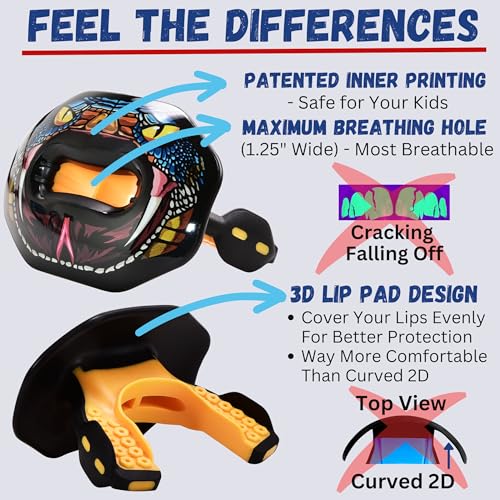 Oral Mart Flag Football Mouth Guard with 3D LipFit Design for Kids - Youth Football Mouthguard (No Boil) Cool Instant Fit Lip Guard Mouthpiece for Braces (Detachable Helmet Strap Included) - color: Stealth Viper