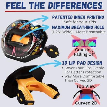 Oral Mart Flag Football Mouth Guard with 3D LipFit Design for Kids - Youth Football Mouthguard (No Boil) Cool Instant Fit Lip Guard Mouthpiece for Braces (Detachable Helmet Strap Included) - color: Stealth Viper