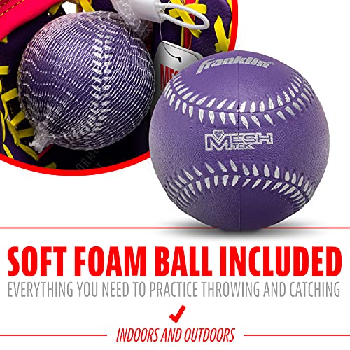 Franklin Sports Kids Baseball Glove + Foam Ball Sets - Meshtek Youth Teeball Gloves for Kids + Toddlers - Left + Right Hand Throw - 9.5" Inch - color: Purple/Pink/Yellow