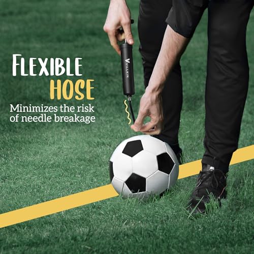 Villkin Ball Pump with Needle Storage in Handle - 4 Metal Needles, 2 Plastic Nozzles, Flexible Hose - for Soccer, Basketball, Volleyball, Handball - Black
