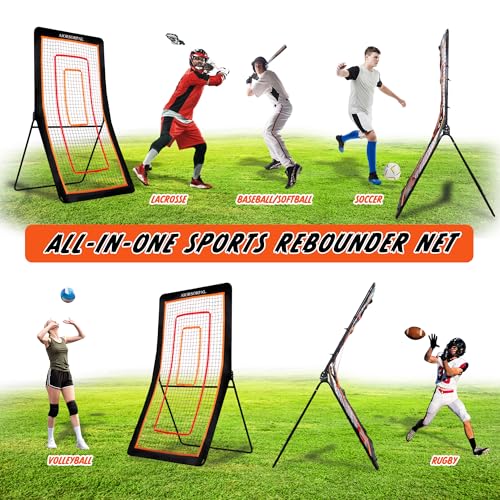 4x7FT Lacrosse Rebounder, Volleyball Rebounder Net, 5 Adjustable Angles Lacrosse Bounce Back for Backyard & Outdoor, Baseball Softball and Soccer Rebound with Target Strip, Sturdy Frame
