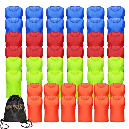 12/24/48PCS Pinnies Youth Team Pennies for Sports Kids and Scrimmage Vests for Soccer Basketball Jersey Practice - color: Red+blue+orange+green, size: L(For Adults)
