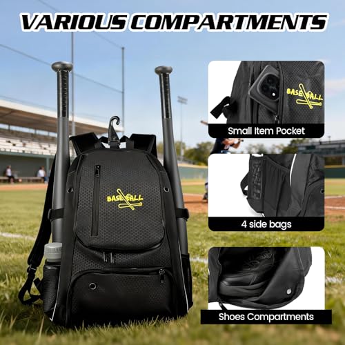 Youth Baseball Bag, Lightweight Softball Bag with Shoes Compartment, Baseball Backpack with Fence Hook for TBall Bat & Equipment - color: Black