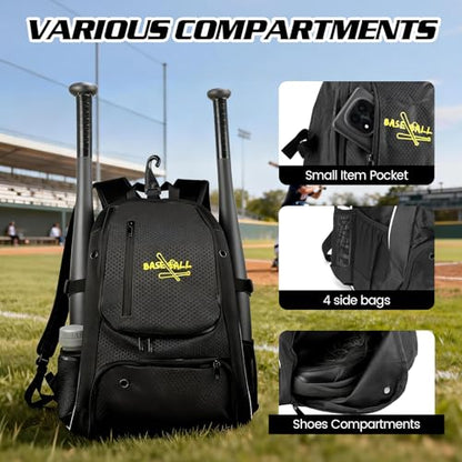 Youth Baseball Bag, Lightweight Softball Bag with Shoes Compartment, Baseball Backpack with Fence Hook for TBall Bat & Equipment - color: Black