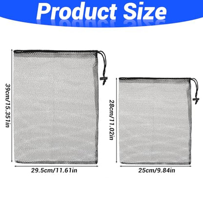Thinp 2 Pcs Golf Ball Mesh Bag With Drawstring - Nylon Bag for Pool Toys, Tennis Balls (2 Sizes, Black)
