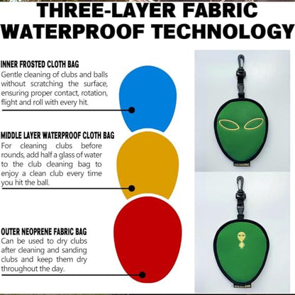 Golf Club Cleaner & Ball Cleaning Bag,Original Three-Layer Fabric Waterproof Technology,Golfer's Ultimate Green Clean Scrub Equipment Accessories,Removable Clips to Support Machine Washing - color: Green