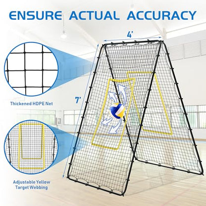 Double Sided Volleyball Rebounder Net, Adjustable Training Equipment Bounce Back Net Practice for Setting Spiking Bumping, Multi-Person Lacrosse, Baseball, Soccer Practicing - 7x4 Ft