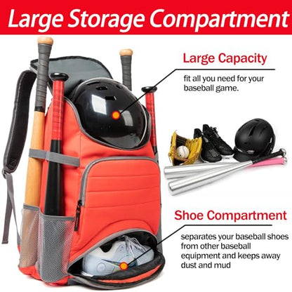 Baseball Bag - Lightweight Softball & T-Ball Backpack with Shoe Compartment for Equipment & Gear - color: RED