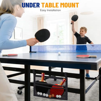 Ping Pong Paddle Holder, Hanging Mesh Storage Bag for Table Tennis Rackets & Balls, Under Table Organizer with Adjustable Straps, Fits Pickleball Paddles