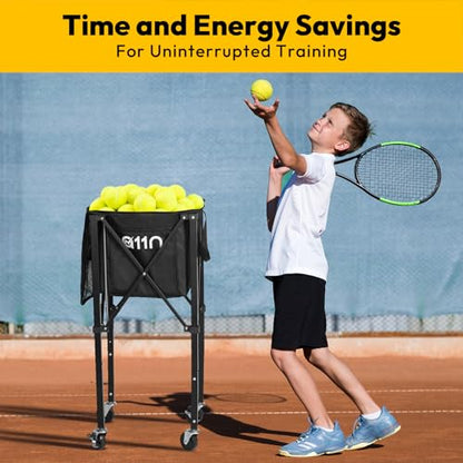A11N Pickleball Tennis Ball Hopper - Sturdy Large Capacity Tennis Ball Basket Holds 120 Balls, Upgraded Pickleball Caddy Practice Equipment/Multifunction Pockets and Wheels for Training/Teaching