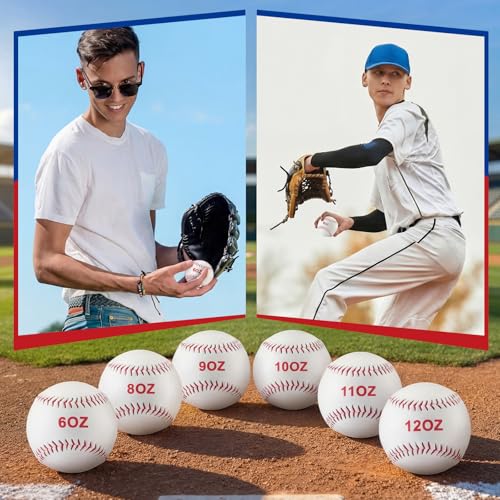 Jenaai 6 Pcs Weighted Training Baseballs Bulk 6oz to 12oz Weighted Softballs with Drawstring Bag for Hitting, Pitching Practice Strength Development - color: White, size: 9"