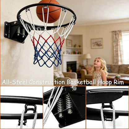 Rakon 18" Replacement Basketball Rim Wall Mount Hoop Hand-Crank Backboard Mounted for Indoor/Outdoor Classic Basketball Court, Teens, Adults, Schools, Parks - color: 18" Black Spring