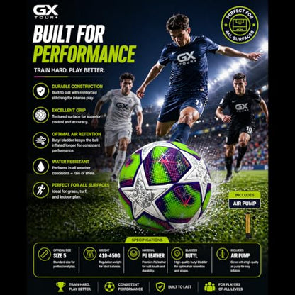 GX Professional Size 5 Soccer Ball. Textured, All-Terrain Training & Competition Ball with Air Pump & Needles. Perfect for Practice, League & Competitive Matches. Women Soccer League 2025