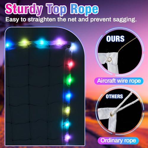 WinnerWhy LED Professional Volleyball Net and Glow in the Dark Volleyball Set 31.2x3.3ft Portable Light up Net with Size 5 Light-Up Volleyballs Remote Control Steel Cable for Beach Swimming Pool Game