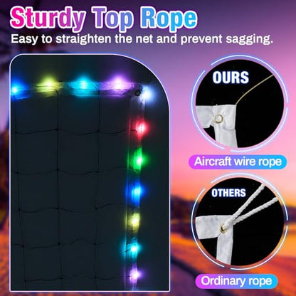 LED Professional Volleyball Net with Steel Cable 31.2x3.3ft Portable Light up Volleyball Net Outdoor with Remote Control Glow in The Dark for Backyard Beach Pool Game Outdoor