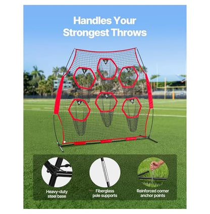 8 x 8 ft Football Trainer Throwing Net, Training Throwing Target Practice Net with 6 Target Pockets, Knotless Net Includes Straps and Portable Carry Case, Improve QB Throwing Accuracy, Red