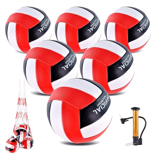 6 Pack Volleyballs Official Size 5, Soft Bulk Recreational Volley Balls with Pump and Net Bag for Indoor Outdoor Beach Pool Water Sand Game Training Match for Beginner - color: Red Black