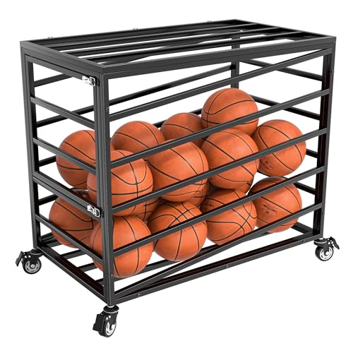 Ball Cart Storage with Lockable Wheels & Side Door, Basketball Storage Bin with Lid for Indoor Outdoor, Sports Equipment Exercise Ball Organizer, Ball Holder for Gym, School, Club