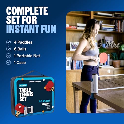 PRO-SPIN Portable Ping Pong Set with Retractable Ping Pong Net for Any Table, All-in-One Table Tennis Set with Ping Pong Paddles, Balls & Case, Table Top Family Game - color: 4-Player Set | Active Red