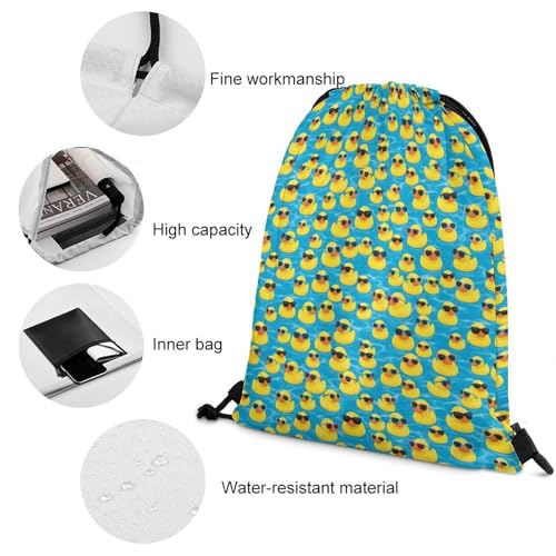 Drawstring Backpack Gym Sackpack Lightweight Waterproof String Bag for Sports Travel Yoga Beach Swimming, Men Women Unisex, Cute Rubber Yellow Ducks With Sunglasses Bags - color: Picture (505)
