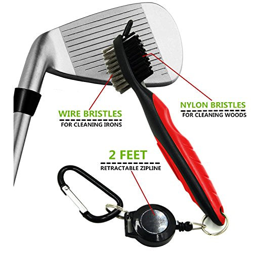 Yoport® Golf Club Brush and Club Groove Cleaner 2 Ft Retractable Zip-line Aluminum Carabiner, Lightweight and Stylish, Ergonomic Design, Easily Attaches to Golf Bag - color: Red+green