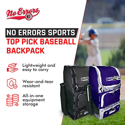 No Errors Top Pick Baseball Backpack for Kids - Heavy Duty Youth Baseball and Softball Bag with Fence Hooks - Dual Glove and Bat Compartments - color: Purple