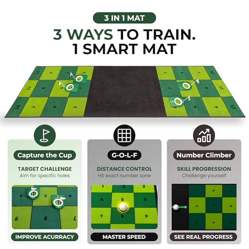 Golf Putting Mat: Indoor Putting Green with 4 Cups and Target Zones - Portable Golf Training Aid and Capture the Cup Putting Game - color: 9ft x 2.5ft Green & Black
