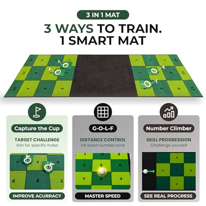 Golf Putting Mat: Indoor Putting Green with 4 Cups and Target Zones - Portable Golf Training Aid and Capture the Cup Putting Game - color: 9ft x 2.5ft Green & Black