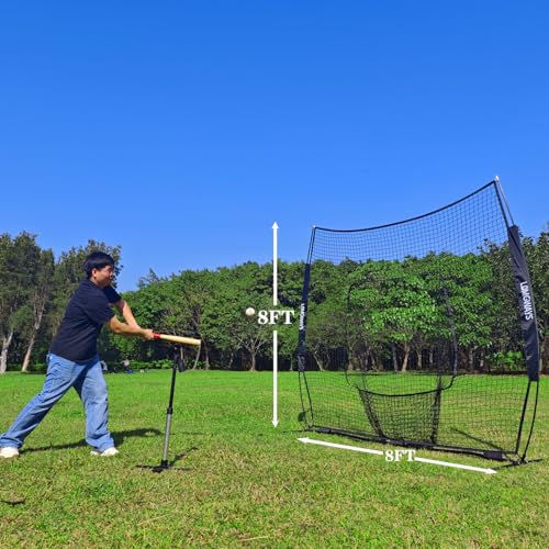 7x7ft/8x8ft Baseball Softball Net with Steel Frame for Batting, Hitting, Pitching, Portable Baseball Batting Net with Carry Bag, Great for All Levels - size: 8FT Black