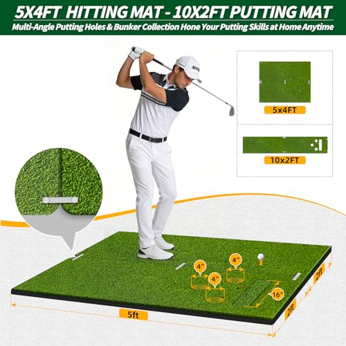5x4ft Golf Hitting Mat for Indoor and Outdoor Practice, High-Elasticity Golf Practice Driving Range Turf Mat, Convertible 2-in-1 Golf Hitting & Putting Mat for Garage Simulator Training
