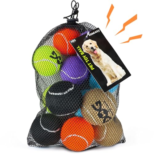 INSUM Squeaky Tennis Balls for Dogs - 12 Pack 2.5'' Durable Non-Toxic Outdoor Dog Toys Balls with Mesh Bag, SGS Certified, Colorful Fetch Toys, Medium Large Breeds - color: Squeaky - Pack of 12, size: Medium