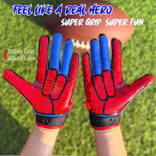 Youth Football Gloves for Boys Girls with Spider Tacky Grip, Flexible Kids Receiver Football Gloves- Blue Red - size: Youth Medium/Large