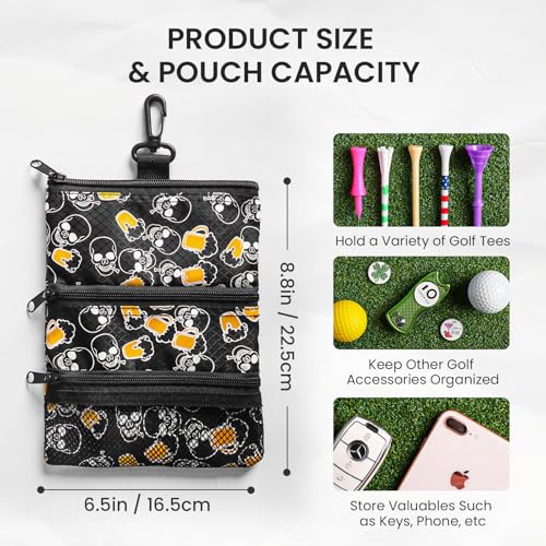 Amy Sport Golf Bag Accessories Valuables Pouch Bags Multi Pocket Zipper Hook with 10 Pcs Wood Golf Tees for Men Women - color: Beer