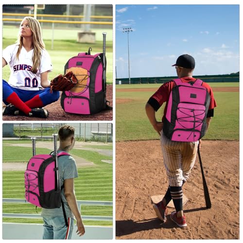 MATEIN Baseball Backpack, Softball Bat Bag with Shoes Compartment for Youth, Boys and Adult, Lightweight Baseball Bag with Fence Hook Hold TBall Bat, Batting Mitten, Helmet, Caps, Teeball Gear - color: Pink Black, size: 29L