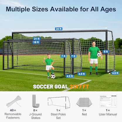 MOPHOTO Soccer Goal, 6X4/8x6/10x6.5/12x6/16x7/18.5x6.5/21x7/24x8ft Soccer Goals for Backyard, Full Size Soccer Goal for Teens & Adults Training - size: 21x7FT, style: Alloy Steel-Black