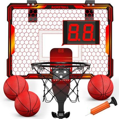 HYES Basketball Hoop Indoor, Mini Basket Ball Hoop with 7 LED Lighting, Scoreboard, Over Door Basketball Hoop with 3 Modes, Volume Adjustable, Foldable, Basketball Toys Gifts for Kids Adults - size: red- without remote controller