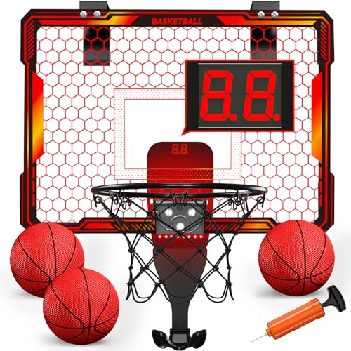 HYES Basketball Hoop Indoor, Mini Basket Ball Hoop with 7 LED Lighting, Scoreboard, Over Door Basketball Hoop with 3 Modes, Volume Adjustable, Foldable, Basketball Toys Gifts for Kids Adults - size: red- without remote controller