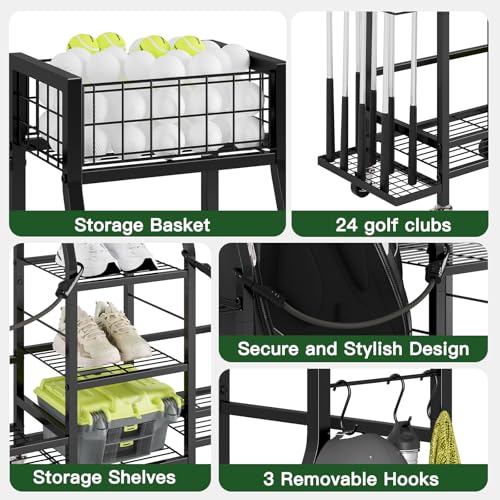 Golf Bag Storage Rack for Garage with Wheels, Holds 2 Golf Bags, Golf Club & Golf Accessories Organizer with Shelves, Accessory Baskets & Glove Holders
