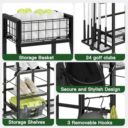 Golf Bag Storage Rack for Garage with Wheels, Holds 2 Golf Bags, Golf Club & Golf Accessories Organizer with Shelves, Accessory Baskets & Glove Holders