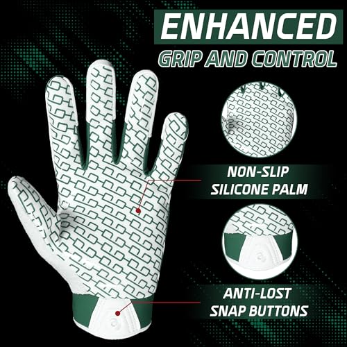 HANDLANDY Youth Football Gloves, Kids Sticky Receiver Gloves,Super Grip Football Glove Best Gift for Boys,Girls - color: White and Green, size: X-Small-Youth