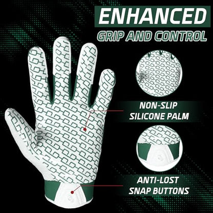 HANDLANDY Youth Football Gloves, Kids Sticky Receiver Gloves,Super Grip Football Glove Best Gift for Boys,Girls - color: White and Green, size: X-Small-Youth