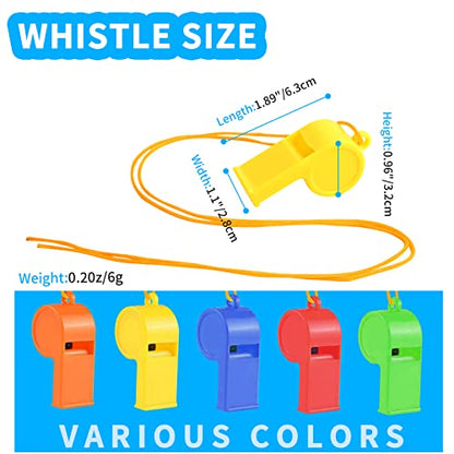 WSYUB Plastic Whistles, 24Pcs Sports Whistle Bulk with Lanyard, Loud Crisp Sound Whistle for Coaches Referees, Colorful Toy Giveaways Party Whistles