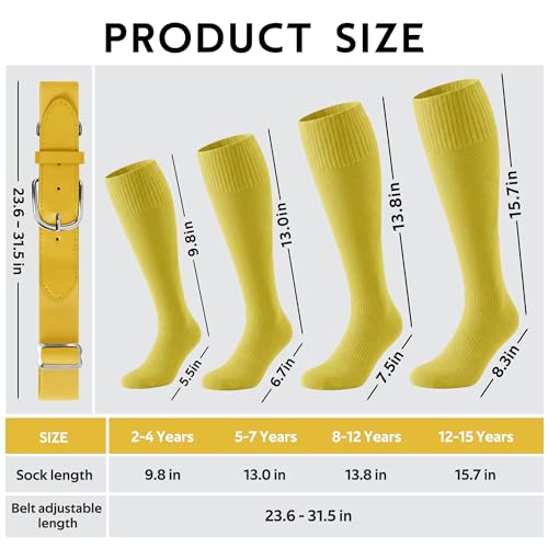 Cooraby 3 Pairs Youth Baseball Socks and Belt Combo Adjustable Softball Football Socks and Baseball Belts for Boys Girls