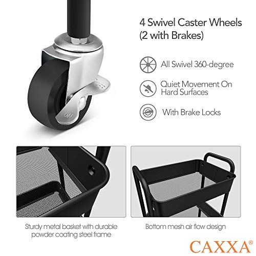 CAXXA 3-Tier Rolling Metal Storage Organizer - Mobile Utility Cart, Kitchen Cart with Caster Wheels (Black) - color: Black
