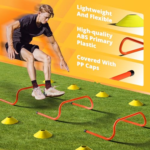 Yes4All Agility Ladder Speed Training Equipment Set - 1 Adjustable Agility Ladder, 12 Soccer Cones, 5 Hurdles, Jump Rope, Running Parachute - Speed & Agility Training Equipment for All Ages - color: A. Set Yellow